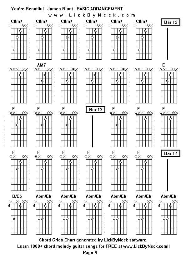 Chord Grids Chart of chord melody fingerstyle guitar song-You're Beautiful - James Blunt - BASIC ARRANGEMENT,generated by LickByNeck software.